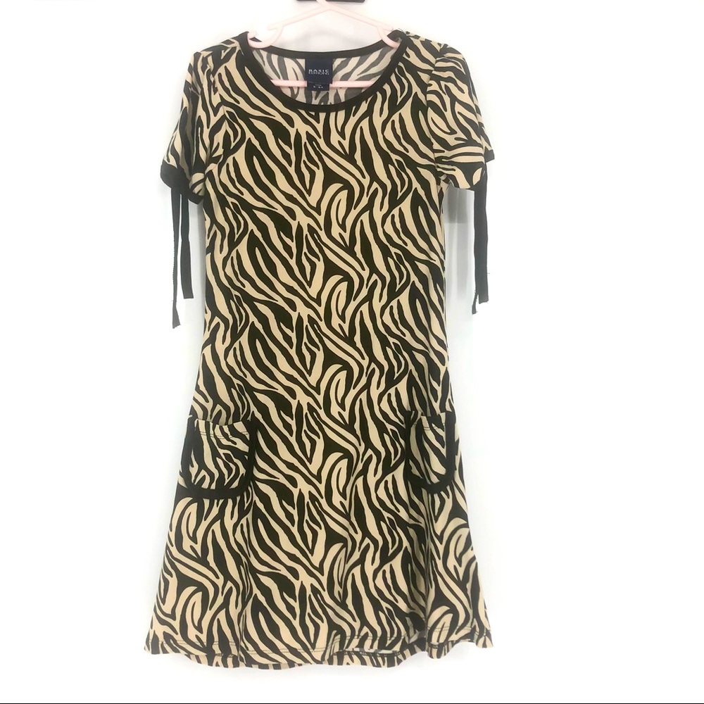 Basic Editions Girls Size 6X Black & Tan Polyester Animal Print Pocket Dress